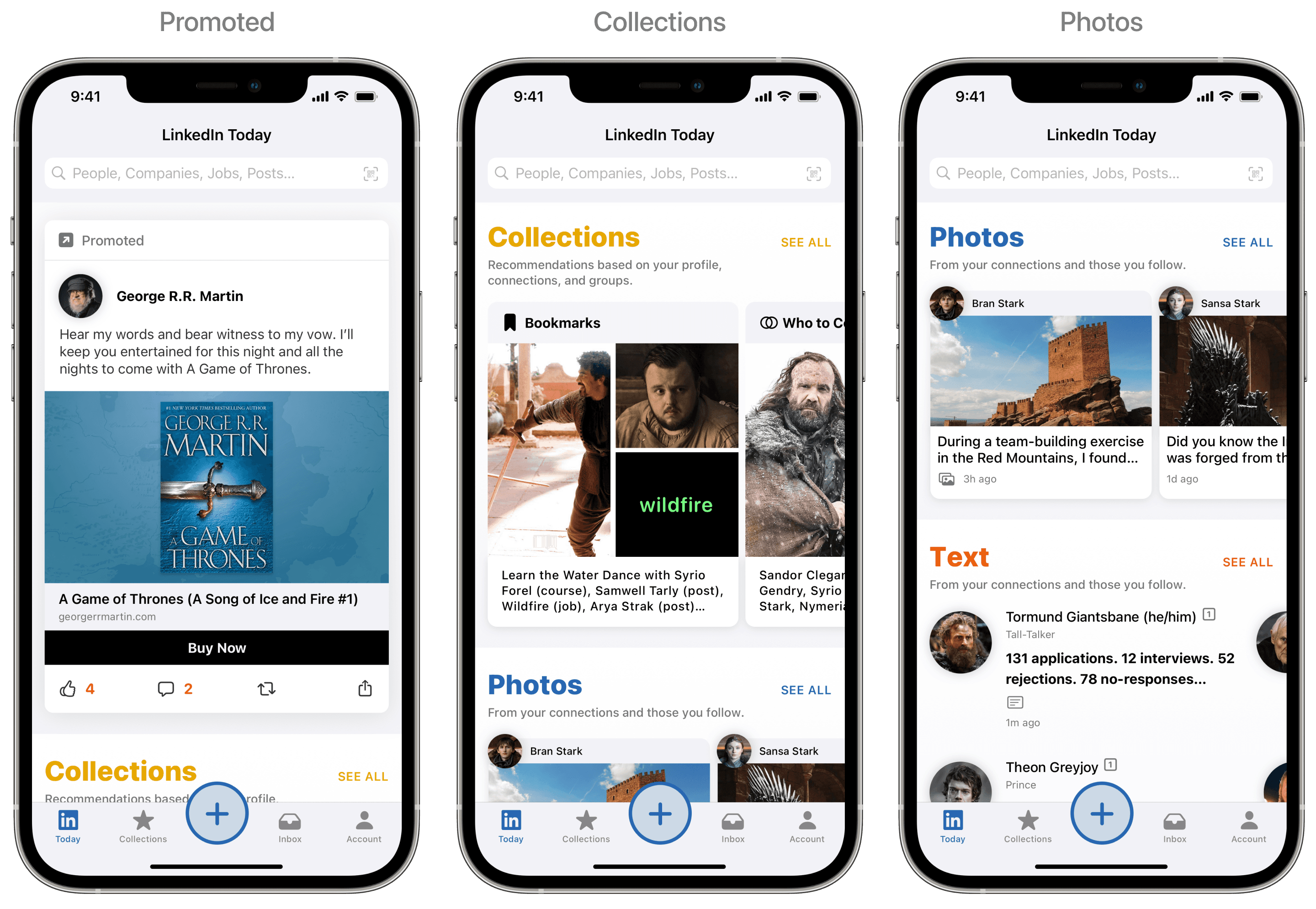 LinkedIn Today sections for Promoted content, Collections, and Photos