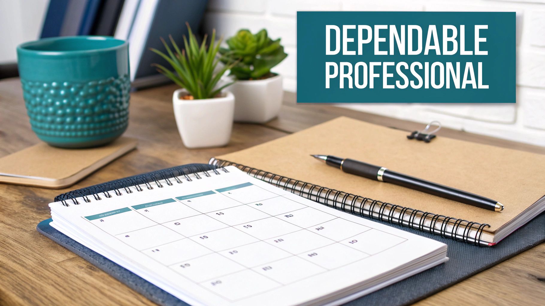 Office desk setup with a calendar, pen, notebook, mug, and 'Dependable Professional' sign.