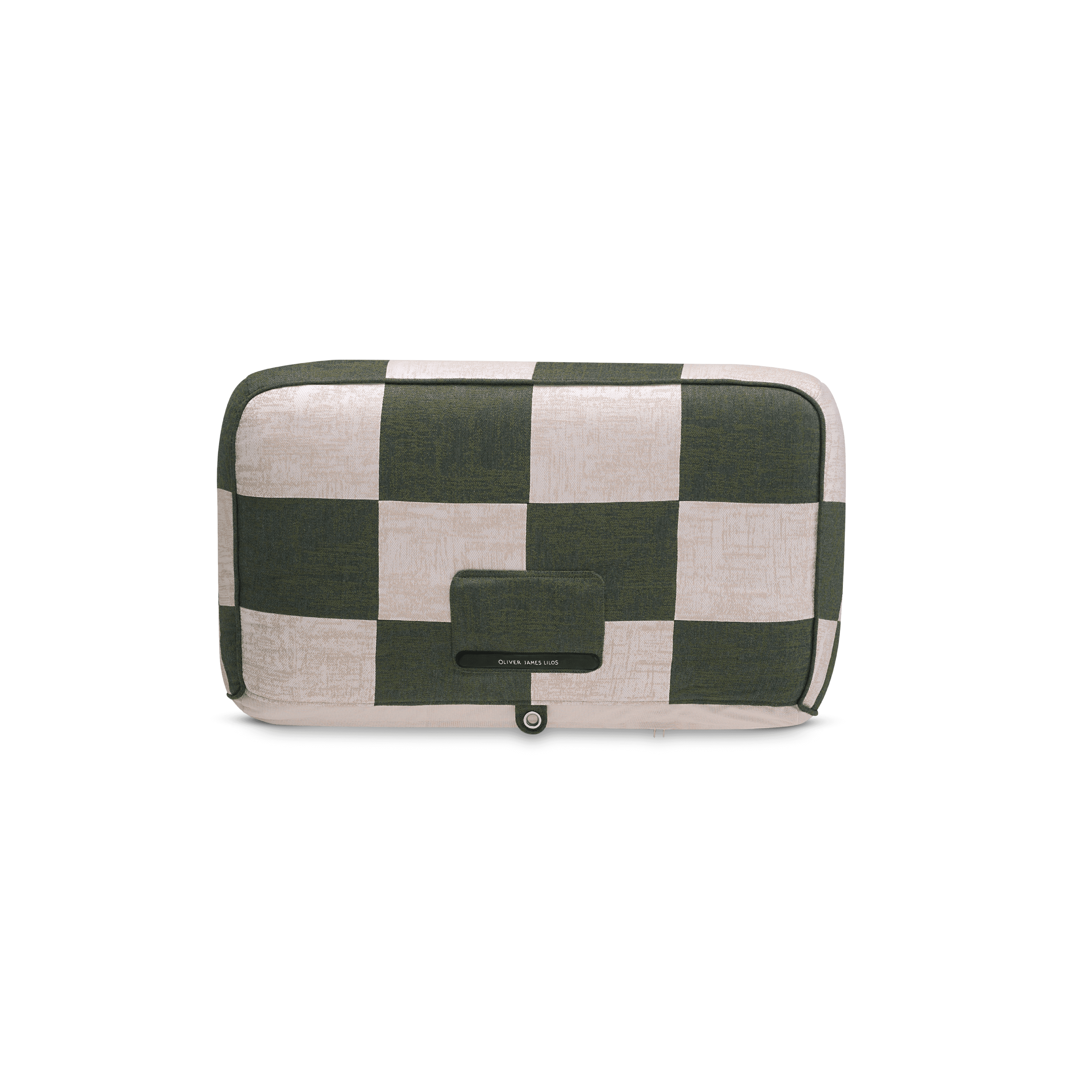 Back-facing pool float in green-and-white patchwork jacquard showing quilted panels and beige base