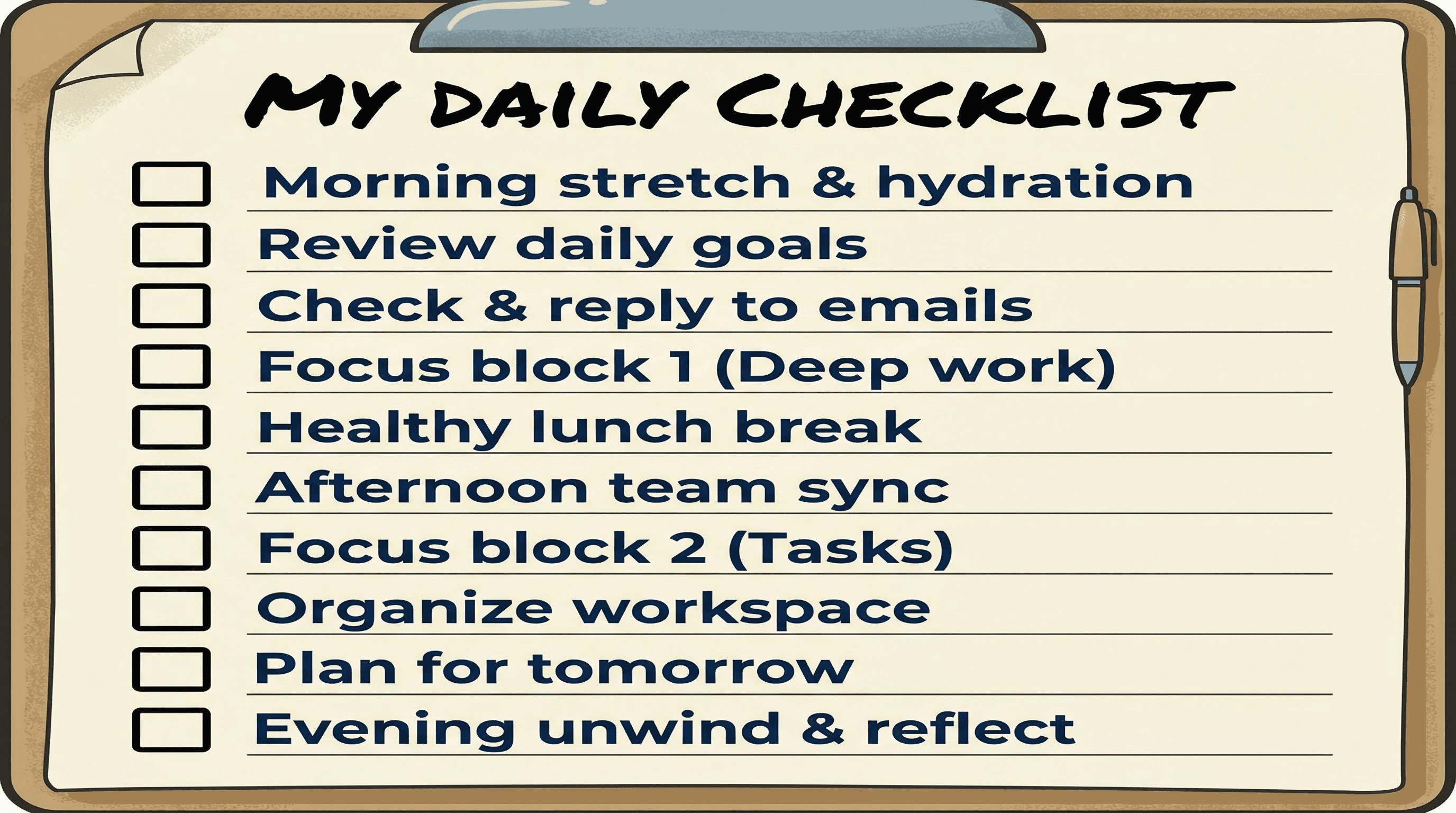 Vertical checklist infographic designed like a realistic clipboard with handwritten headers and ten empty checkboxes.