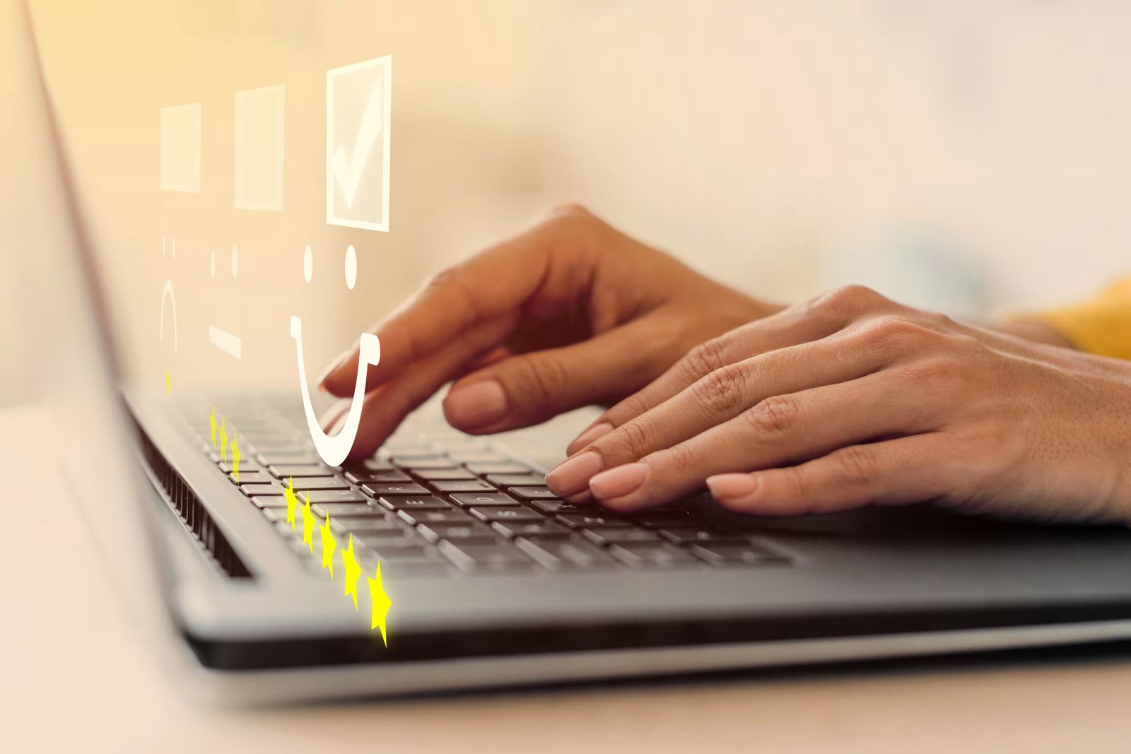 Hands typing on a laptop with reputation analytics graphics