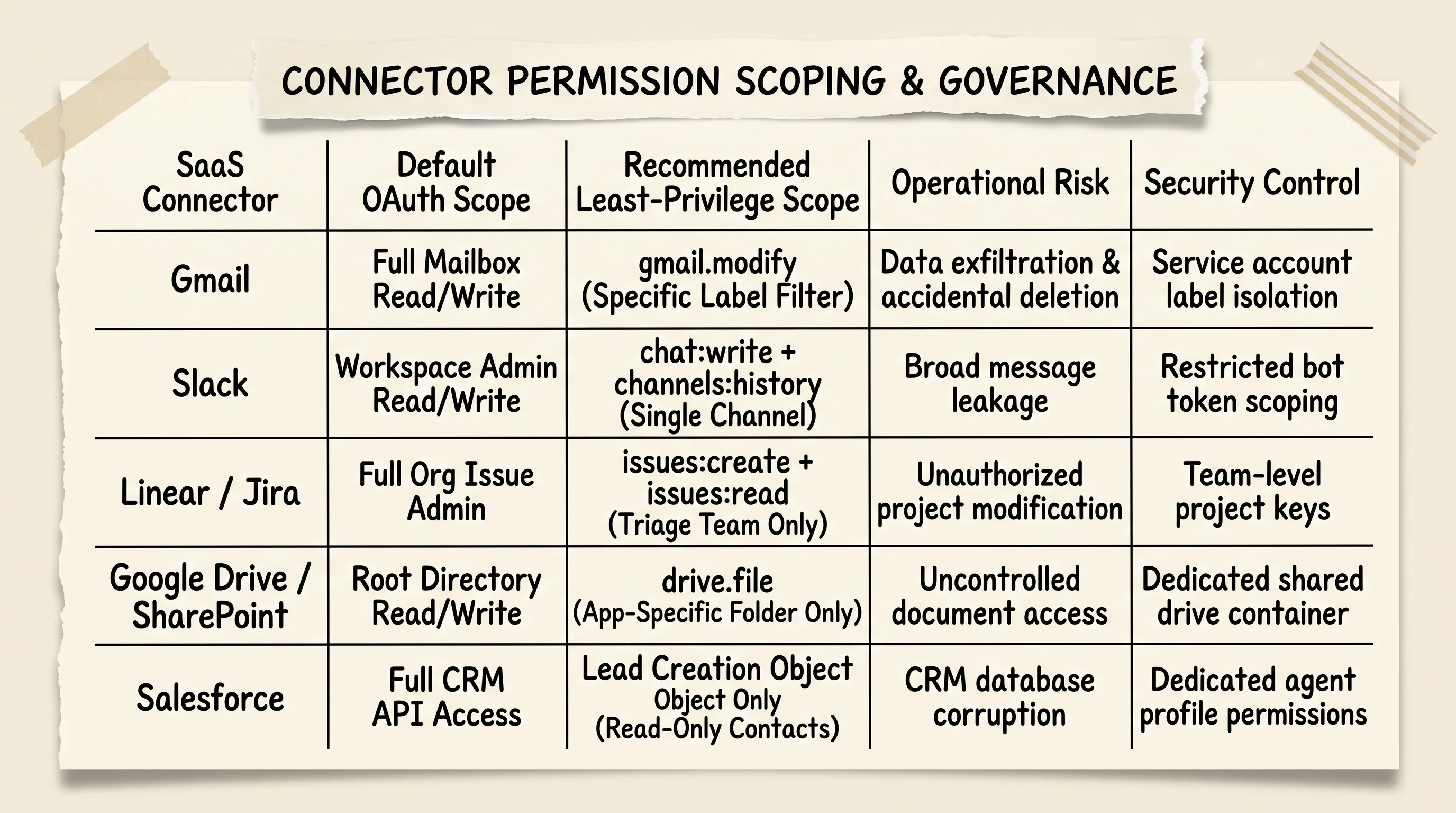 Enterprise SaaS connector permission scoping matrix comparing default scopes with least privilege rules