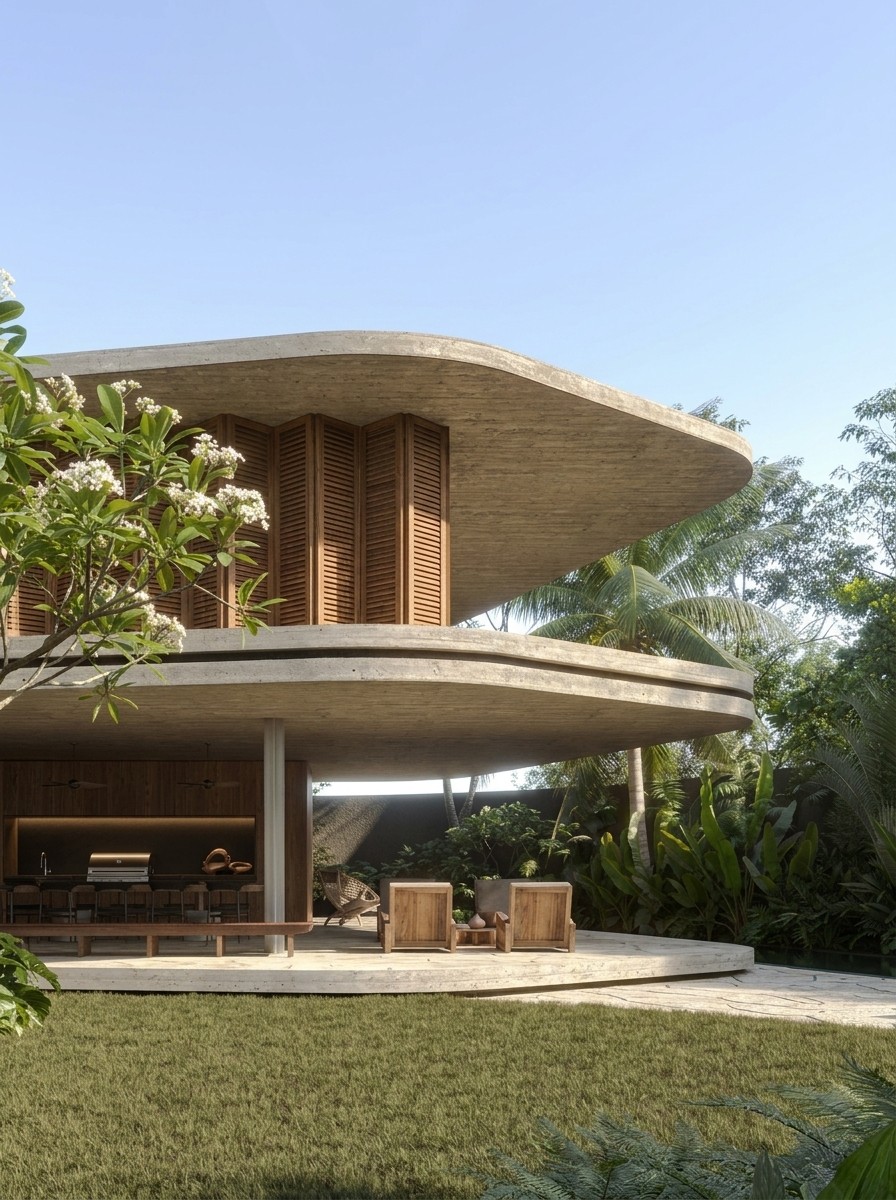 Modern two-story concrete building exterior featuring curved cantilevered roofs and wooden louvered screens