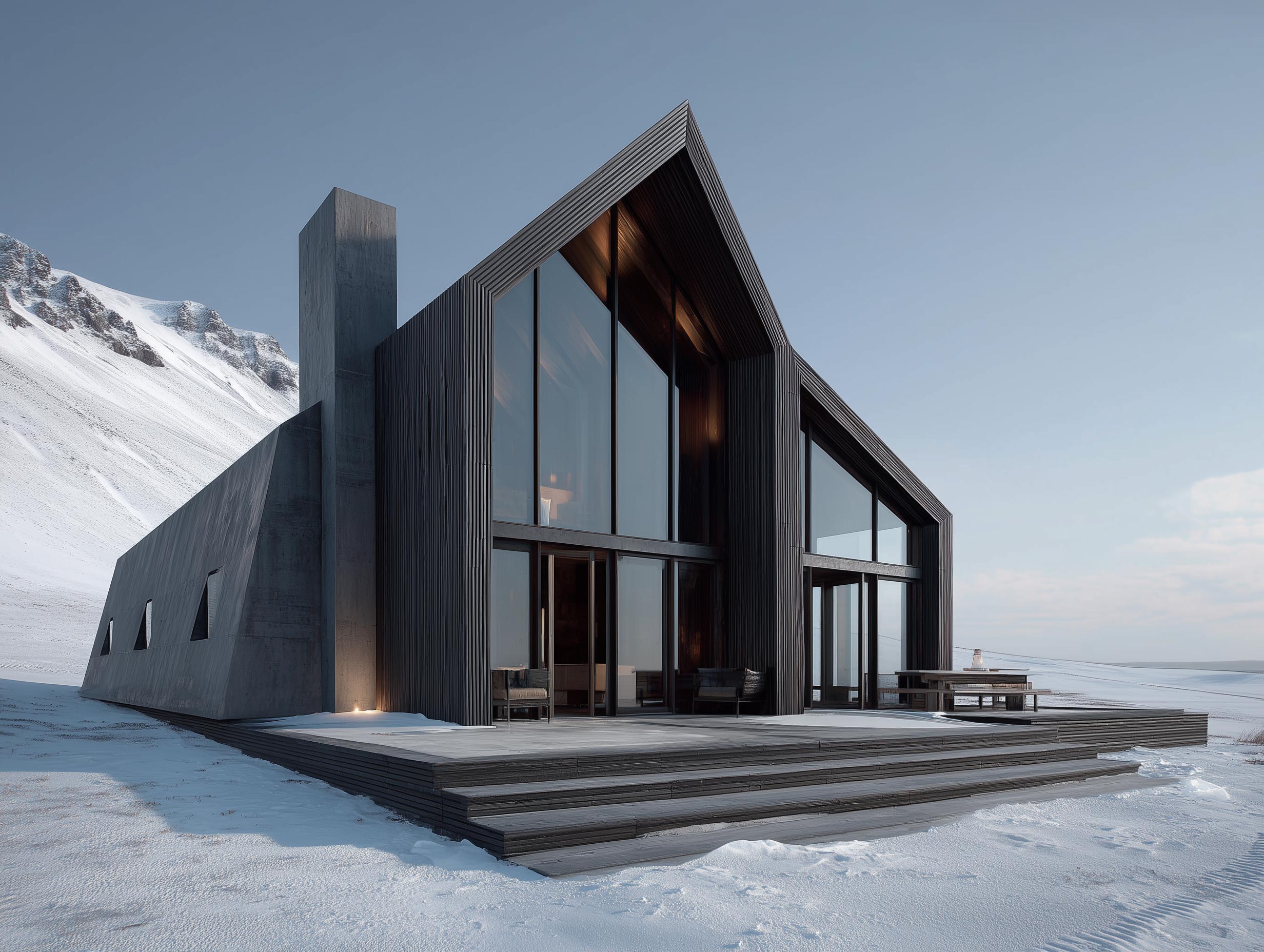 Modular wooden housing complex by the harbor, light snow falling, frozen water reflections.