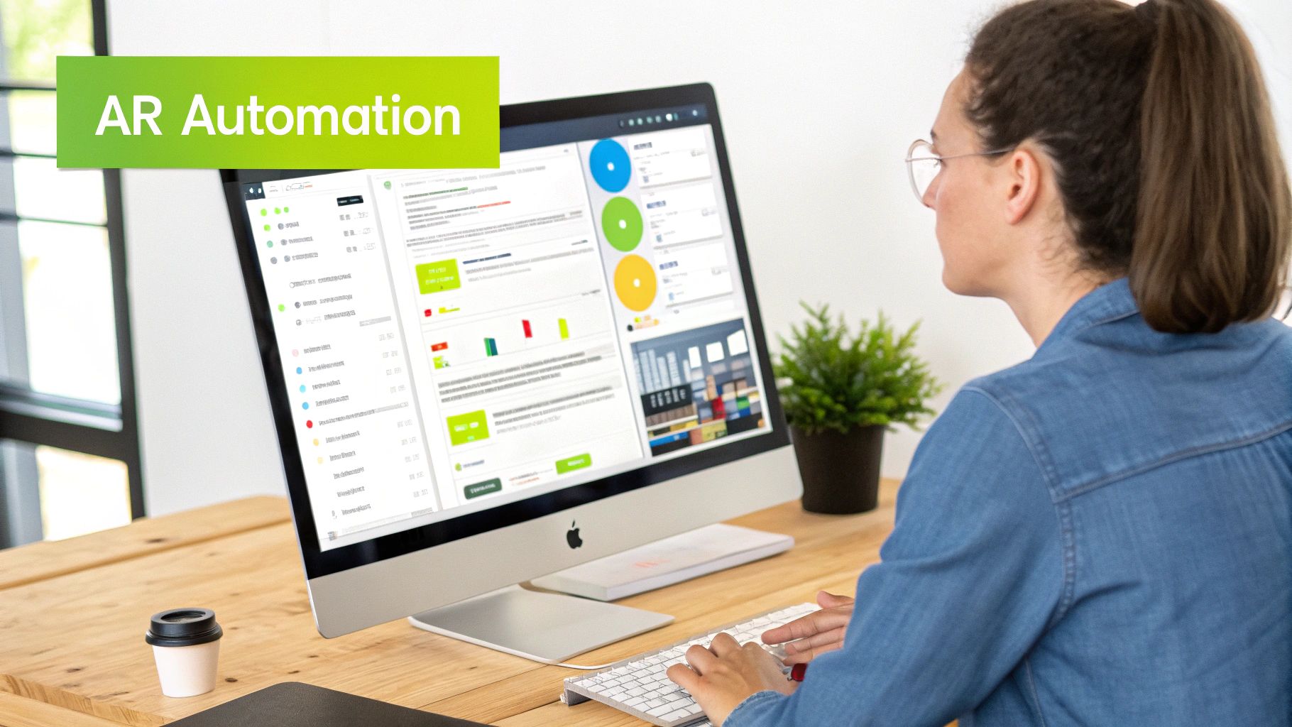 An illustration showing a gear system with icons for invoicing, reminders, and payments, representing a smooth, automated AR process.