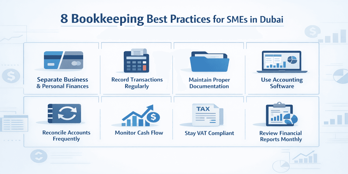Bookkeeping Best Practices for SMEs in Dubai infographic showing financial record management and bookkeeping services in Dubai for SMEs