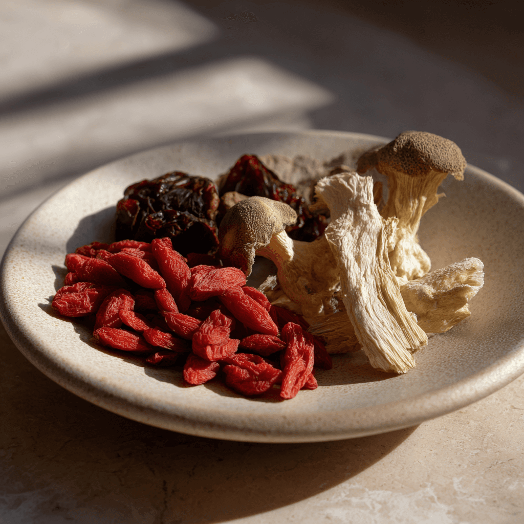 Herbs on plate cinematic background
