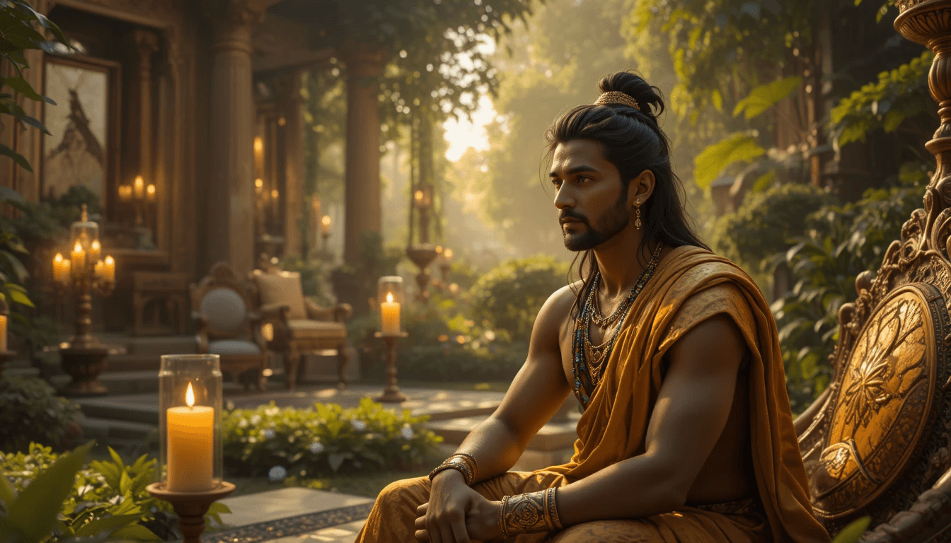 Contemplative prince in palace symbolizing spiritual disillusionment, detachment, and awakening beyond material wealth| Jyotisa.org