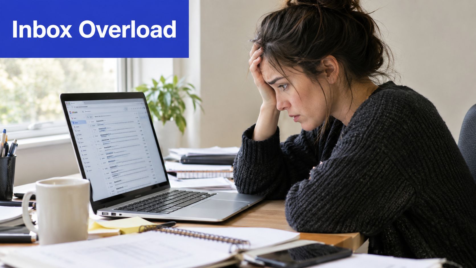 A woman looks stressed and overwhelmed while sitting at her desk, staring at a crowded email inbox.