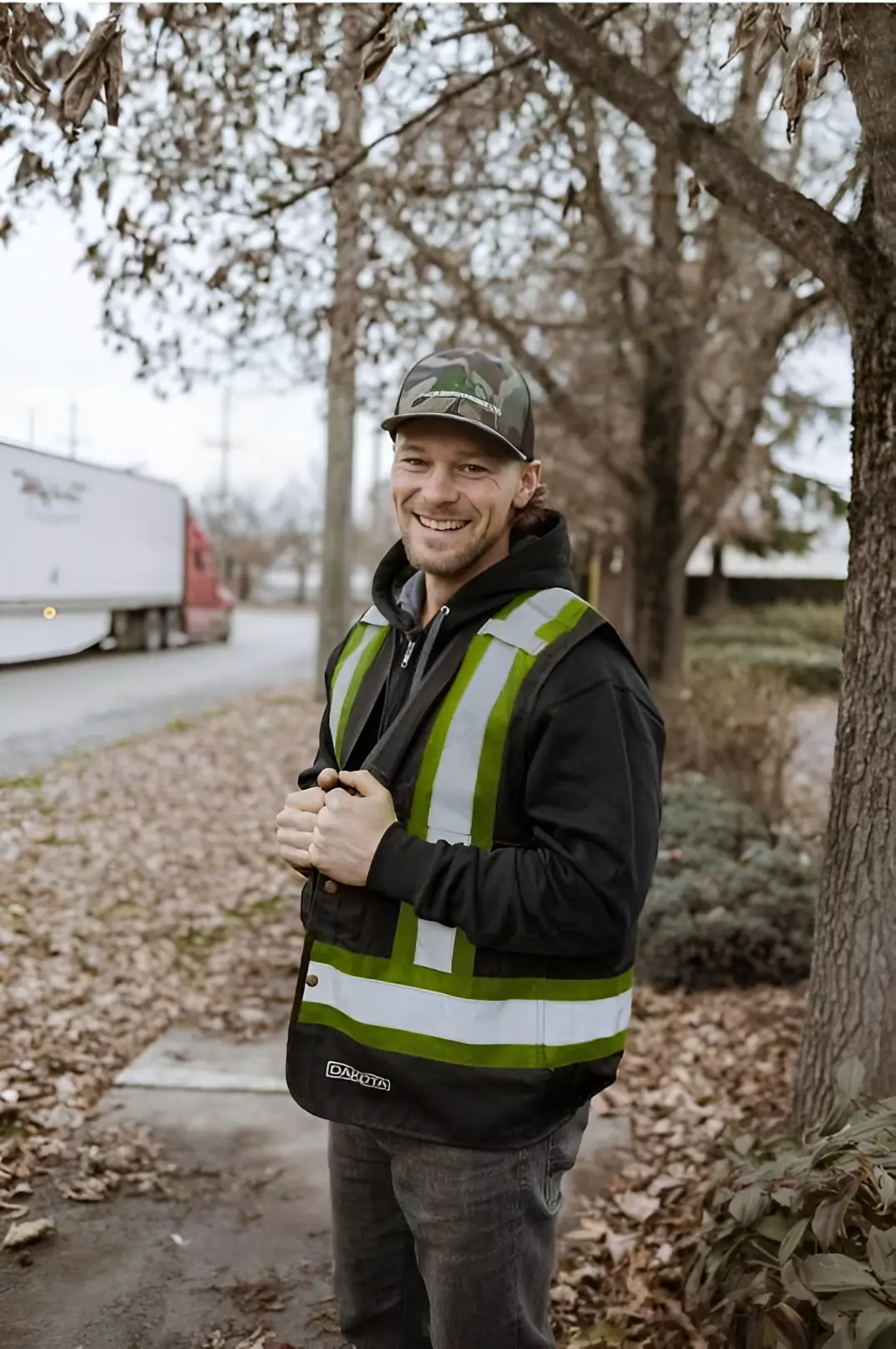 Landscape contractor wearing safety vest standing at job site in Vancouver