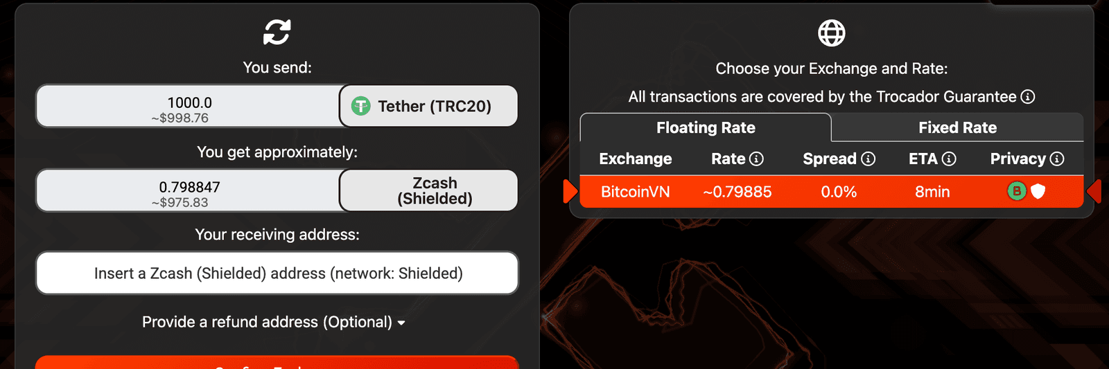 Trocador: 1,000 USDT TRC-20 to shielded Zcash, a single offer from BitcoinVN at 0.79885 ZEC