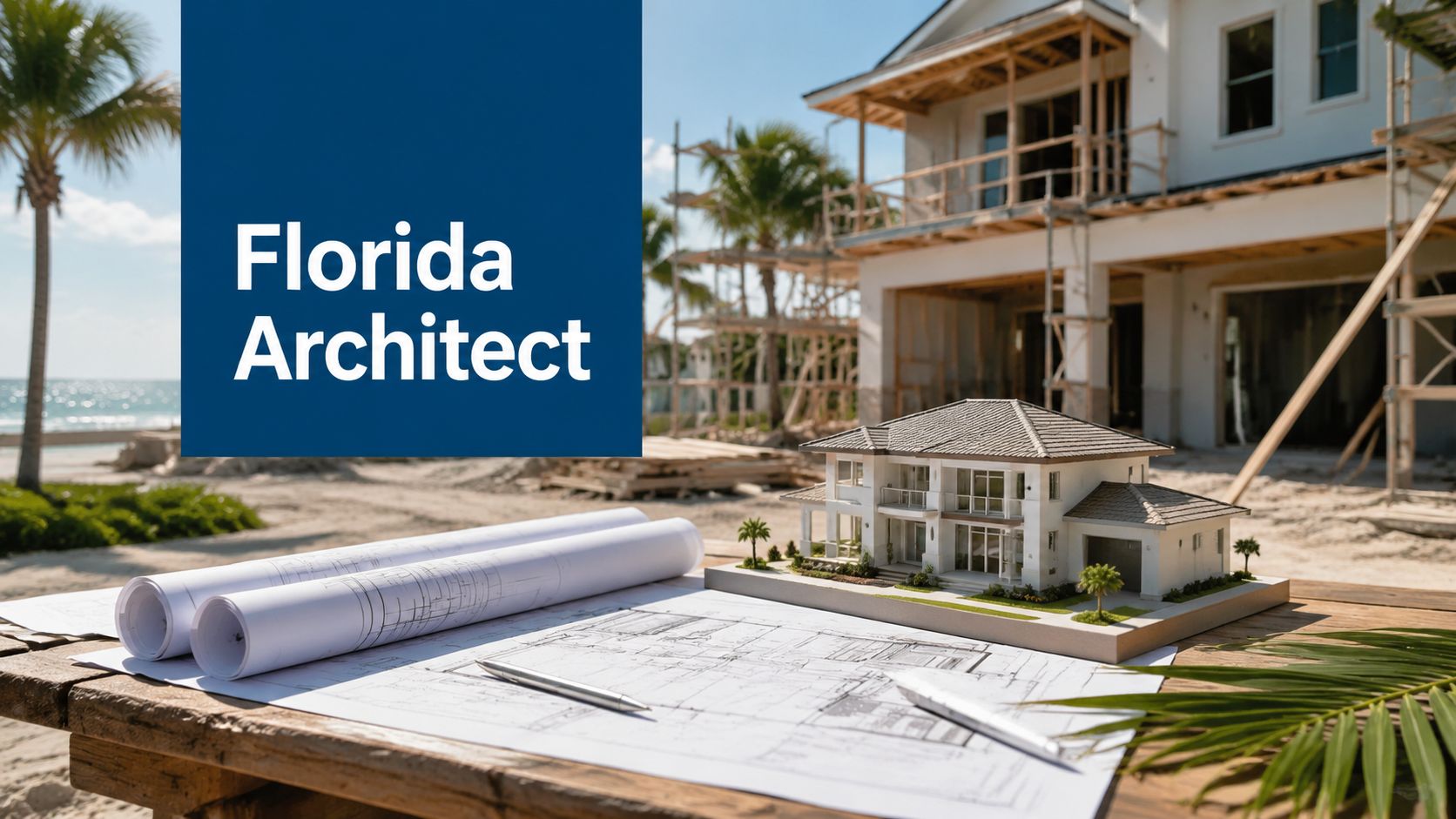 a blueprint on a wooden table next to a framed home on the beach