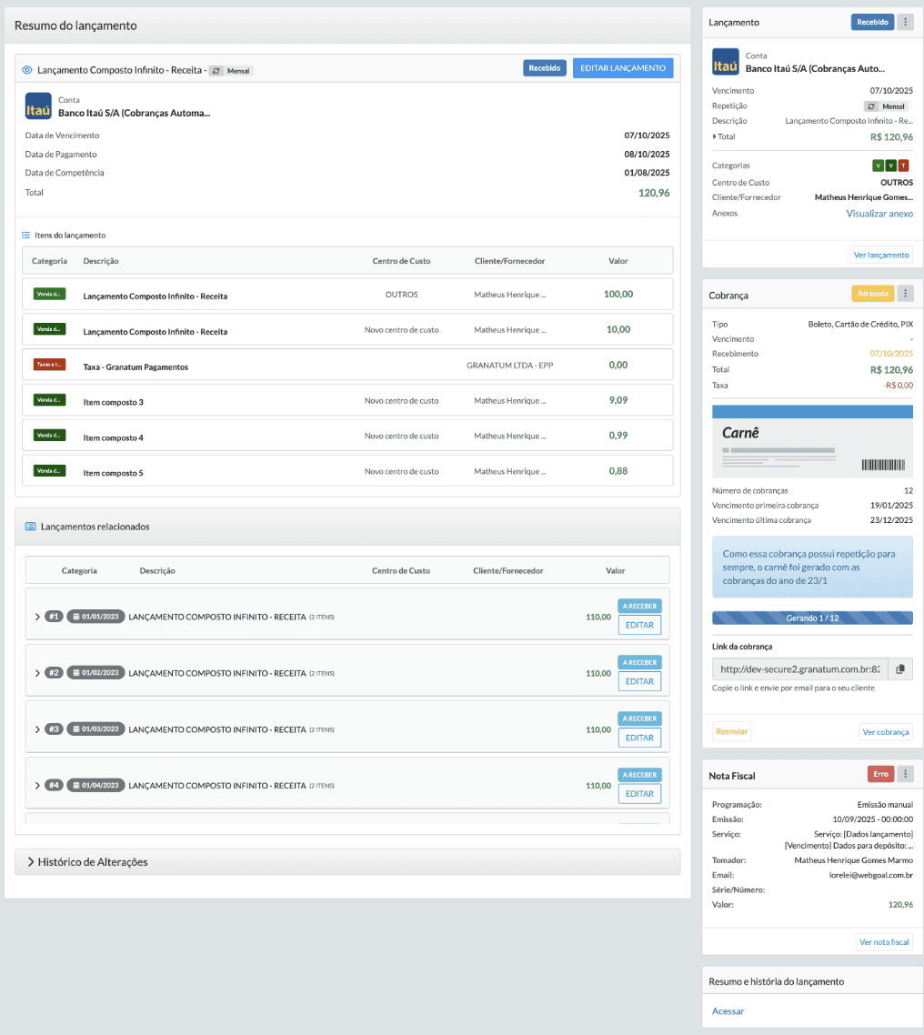 Barra lateral mostrando resumo de Lançamentos, Cobranças e Notas Fiscais