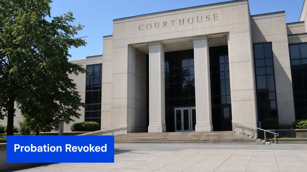 A modern courthouse building exterior featuring large pillars and a blue banner that says Probation Revoked.