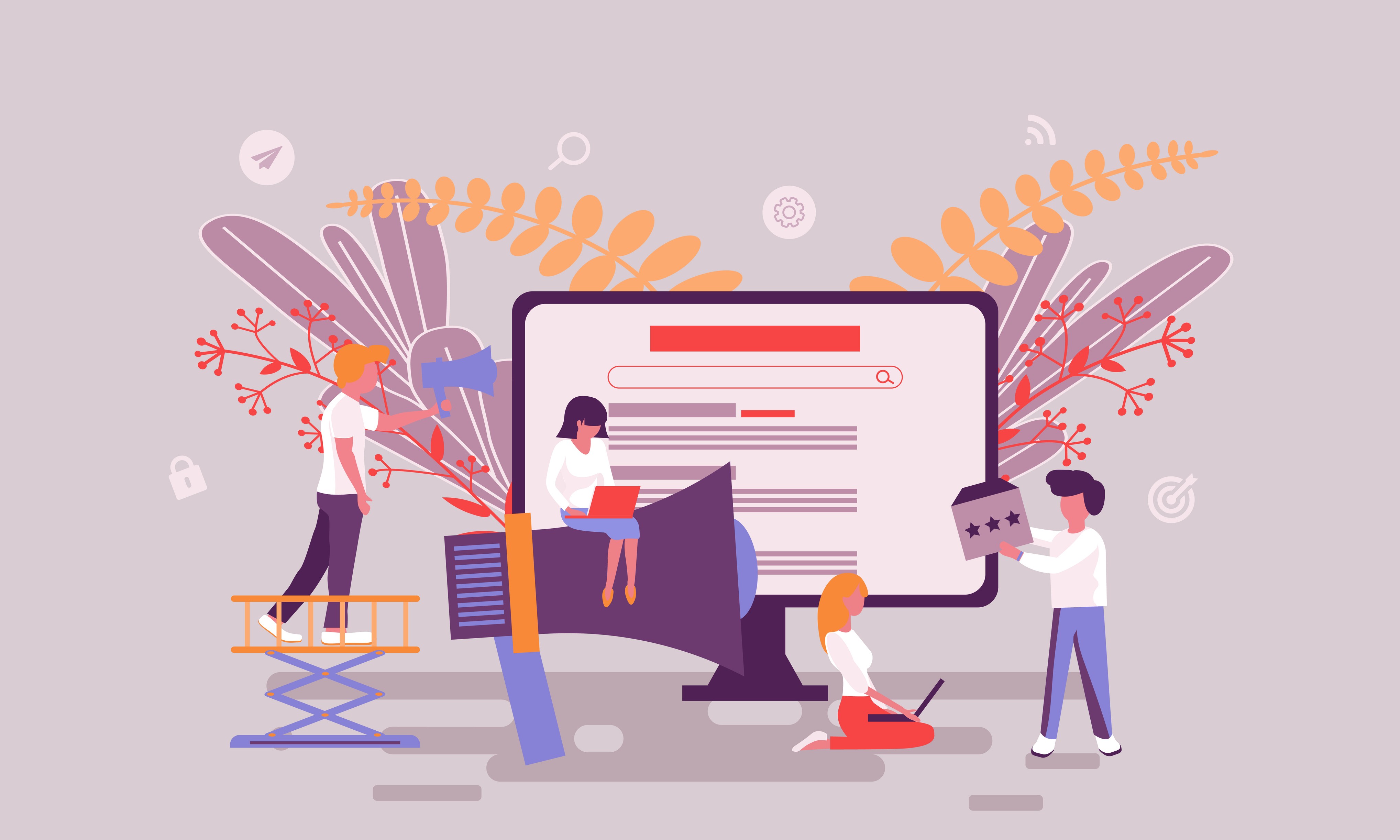 Illustration of small figures working around a large desktop monitor showing a search page and megaphone, representing content marketing and creator outreach operations