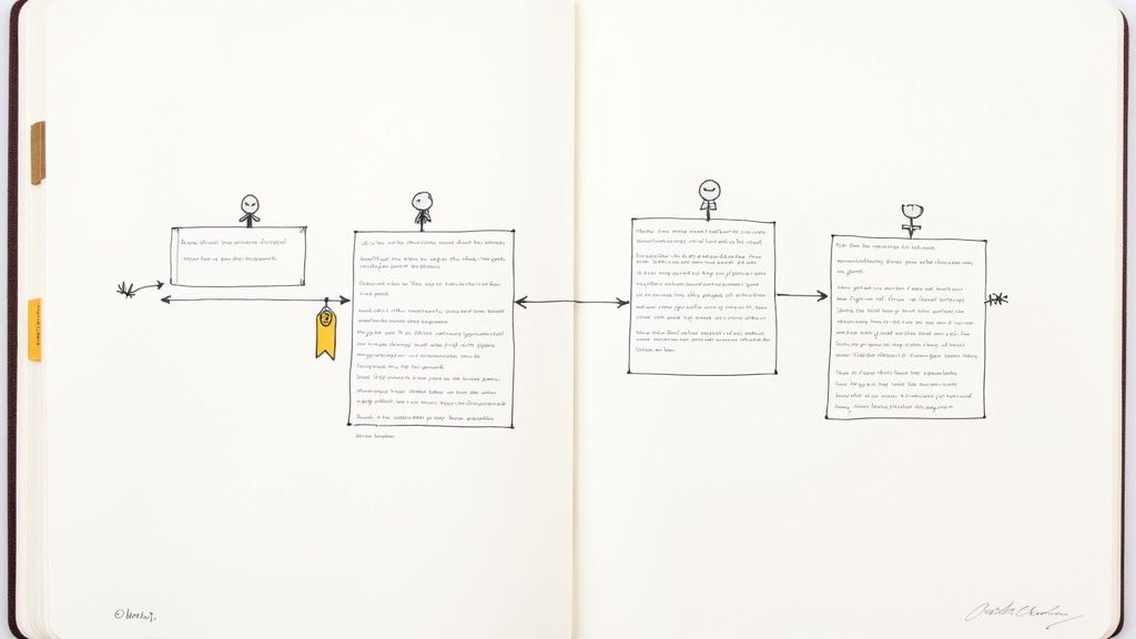 Handwritten diagram in a notebook illustrating a sequential process flow with stick figures and text boxes.