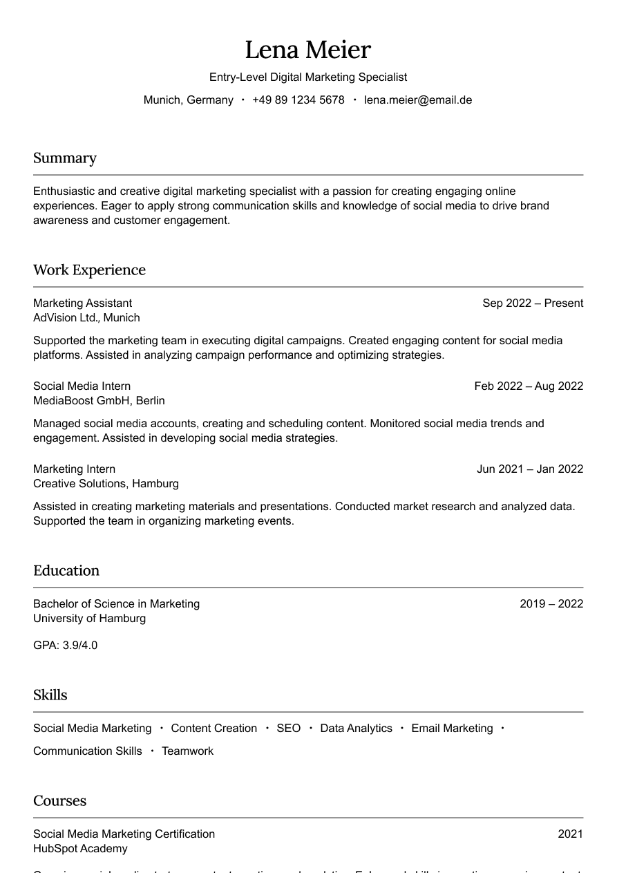 Entry-level digital marketing resume example