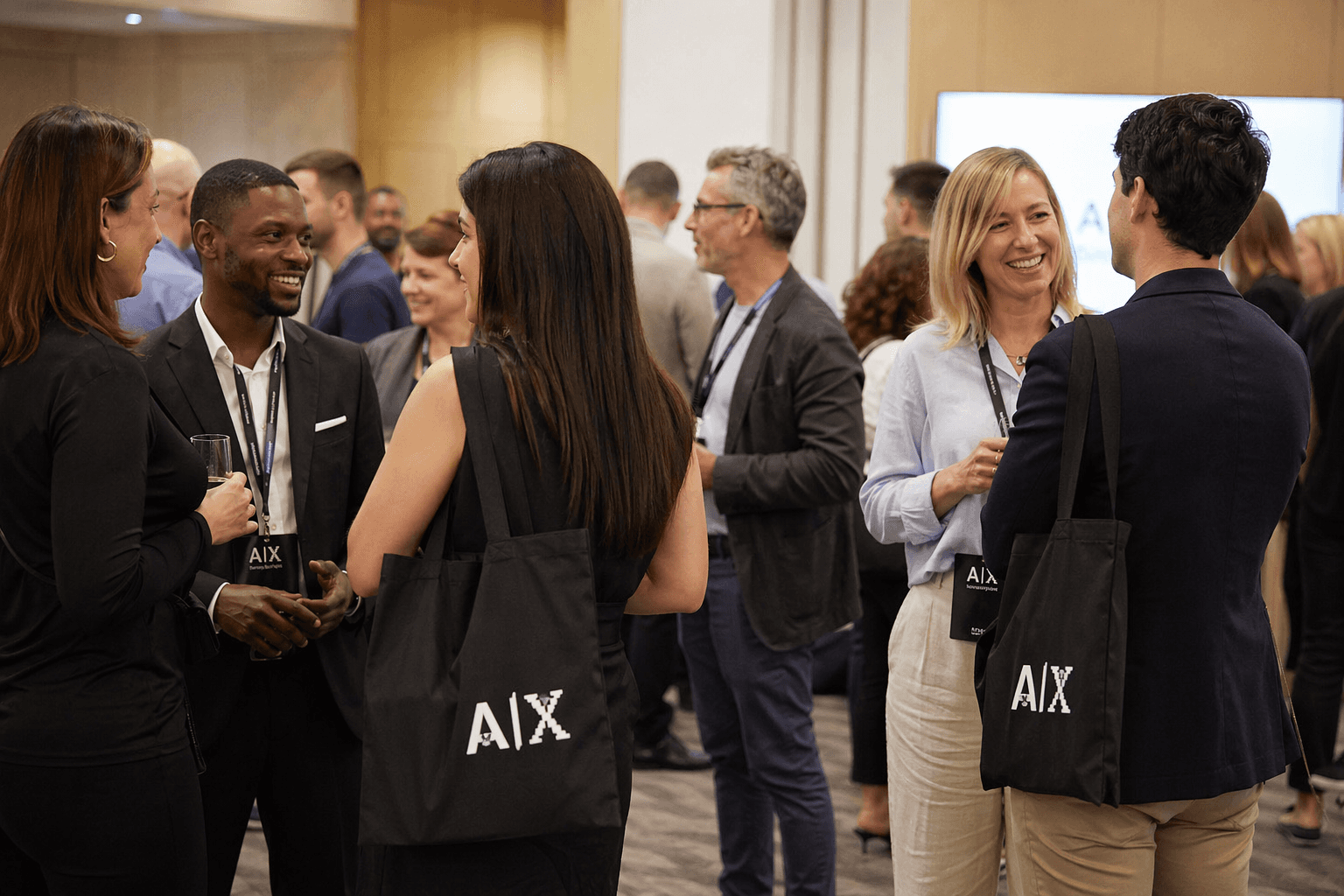 A photo of a group of delegates at a conference networking. A lady with her back to the camera has an AiX Branded tote bag over her shoulder. 