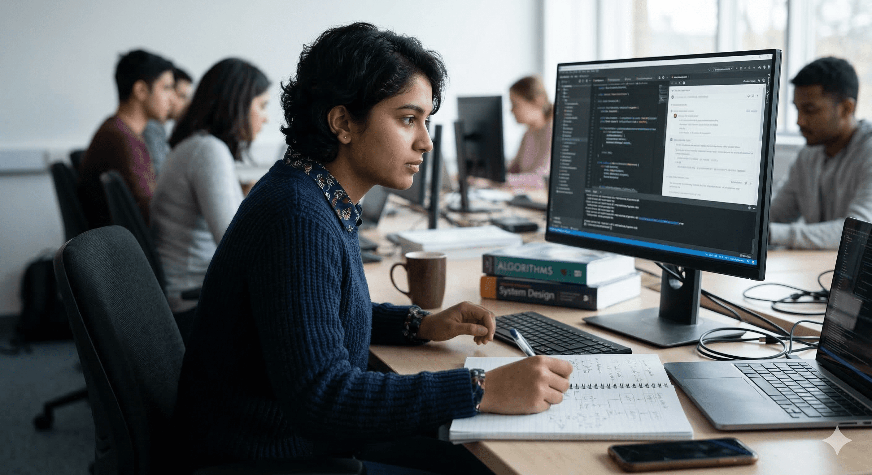 A focused individual sits at a desk in a modern classroom environment, attentively working on a computer with code visible on the screen, while textbooks labeled "Algorithms" and "System Design" are stacked beside them, illustrating the theme "AI Will Change How We Teach Computer Science—Here’s How".