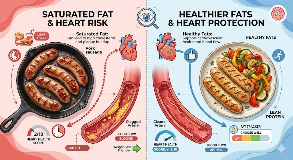 A split infographic comparing "Saturated Fat & Heart Risk" and "Healthier Fats & Heart Protection." The left side shows pork sausage, a clogged artery, and a low heart health score (2/10). The right side shows chicken sausage, a clean artery, a plate of healthy food, and a high heart health score (9/10).