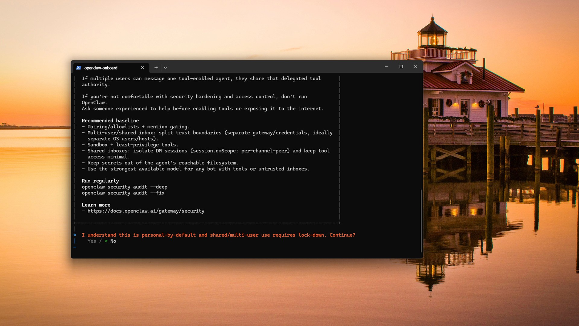 Image caption: OpenClaw shows a security disclaimer during setup because the agent can read files and run actions when tools are enabled.