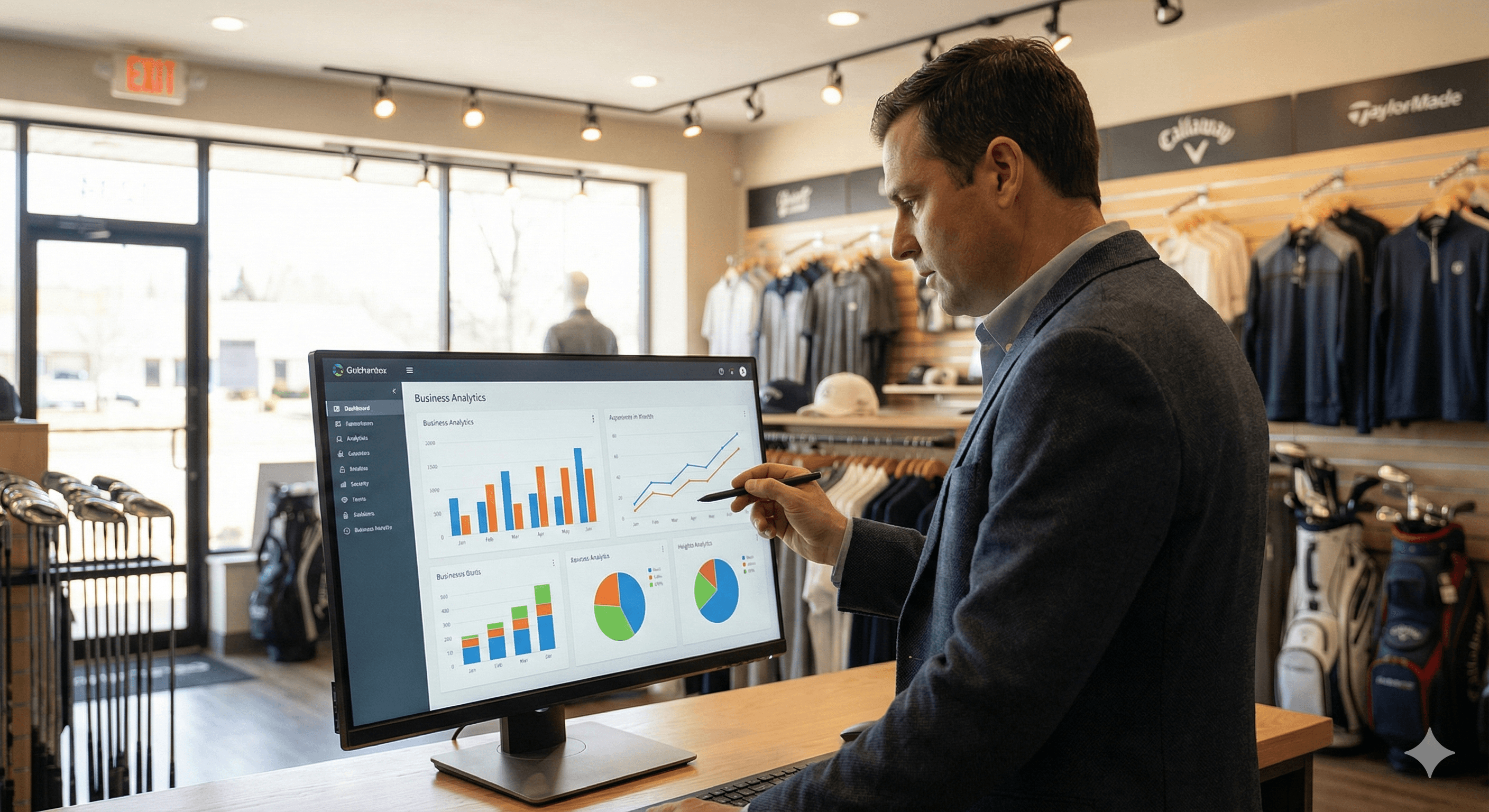 Umfassendes Reporting und Analytics im Fachhandel: Ein Filialleiter in einem Sportgeschäft nutzt einen großen Monitor zur Analyse von Business-Daten. Das Dashboard zeigt verschiedene Diagramme wie Balkencharts, Liniendiagramme zur Umsatzentwicklung und Tortendiagramme zur Bestandsverteilung.