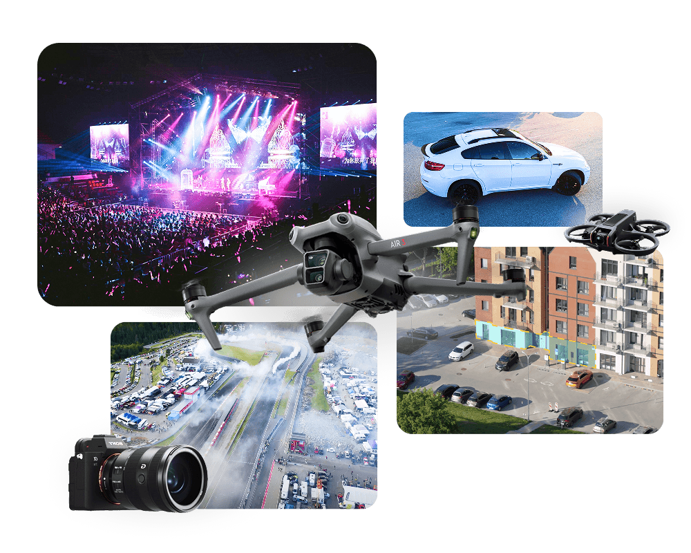 Dronas su už jo esančiais NT filmavimo projektų darbais