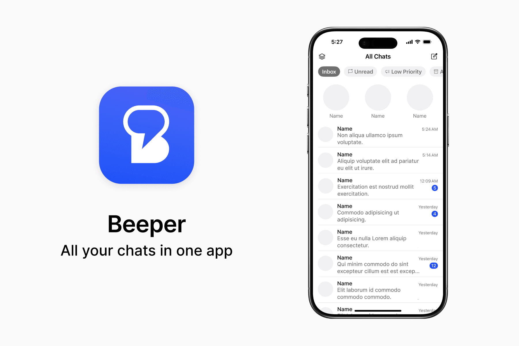 Features the Beeper app icon and in-app screen on the iPhone.