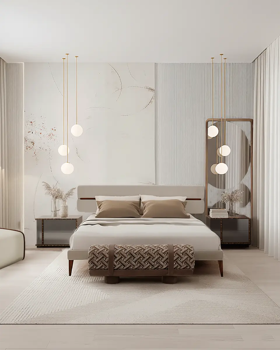 Elegant bedroom interior with luxury Italian furniture made in Italy, for contemporary interiors in Lugano.