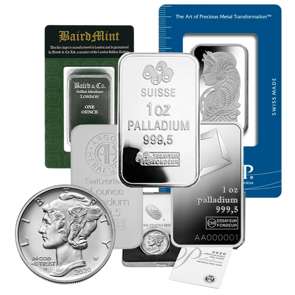 Group of diverse alternative bullion featuring a Baird Mint 1 oz rhodium bar, PAMP Suisse 1 oz palladium bar, and a Platinum American Eagle.