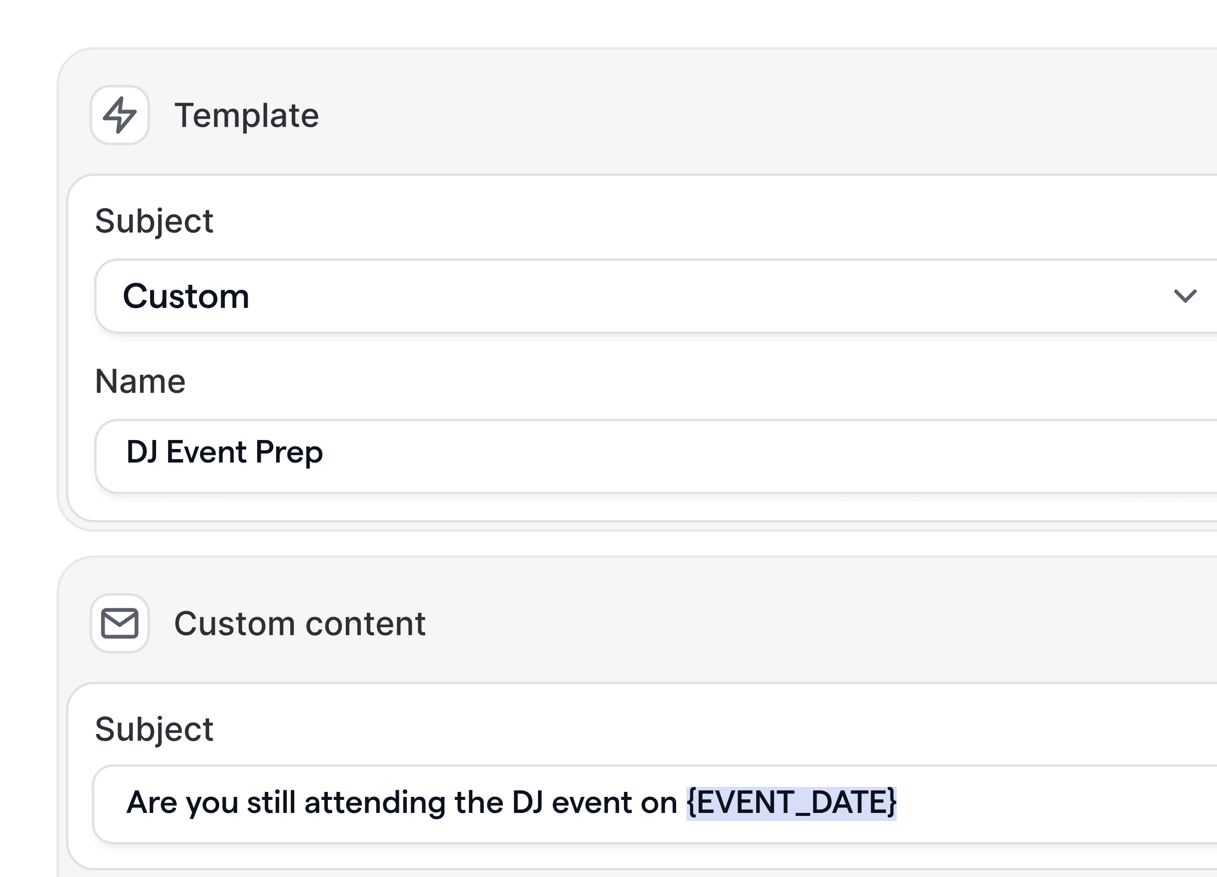 Branded communication template for DJ event confirmation with editable subject
