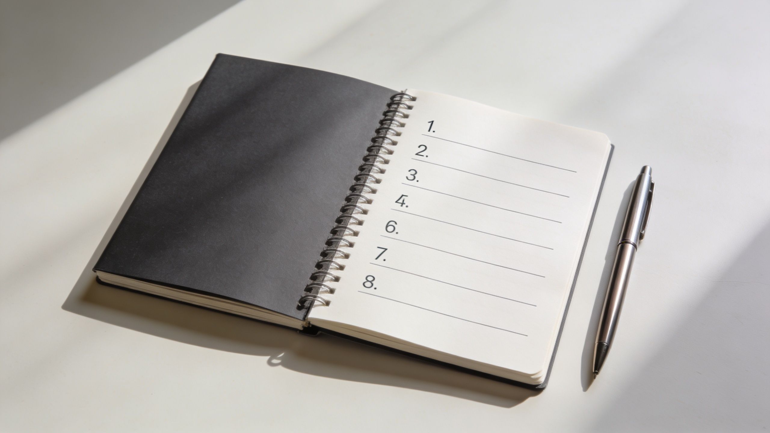 A blank numbered list in a spiral notebook next to a pen on a bright surface.