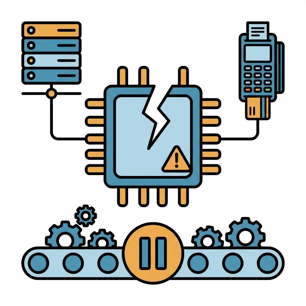 Server-Icon mit Warndreieck, Zahnrad und Schaltkreisen. Symbolisiert Systemfehler, Wartung oder technische Probleme.