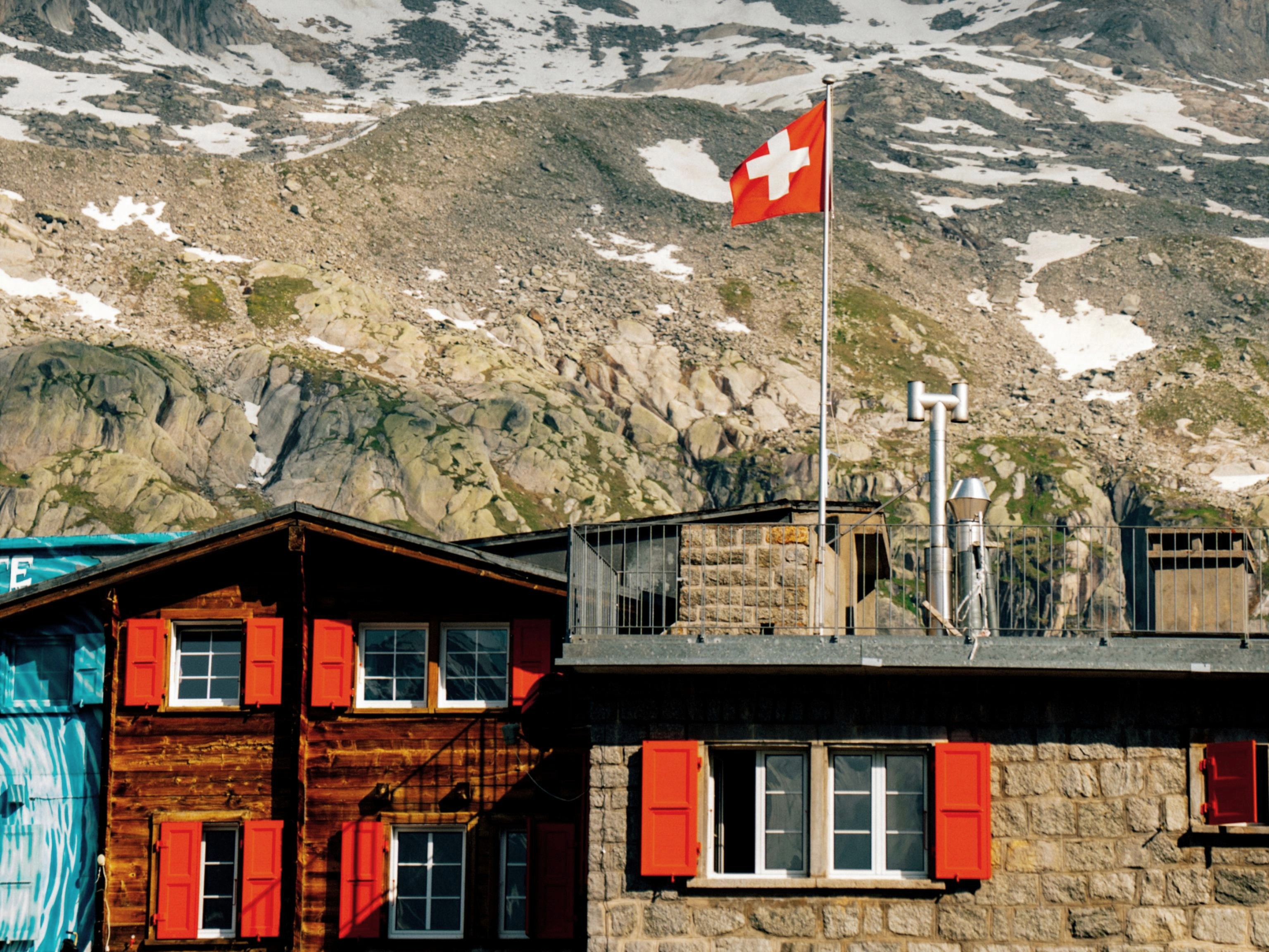 Swiss buildings at the top of the Furka Pass in the Swiss Alps