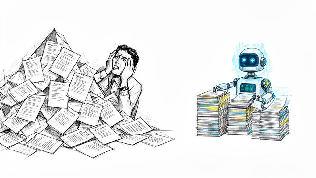 A stressed man overwhelmed by papers contrasting with a robot efficiently sorting documents.