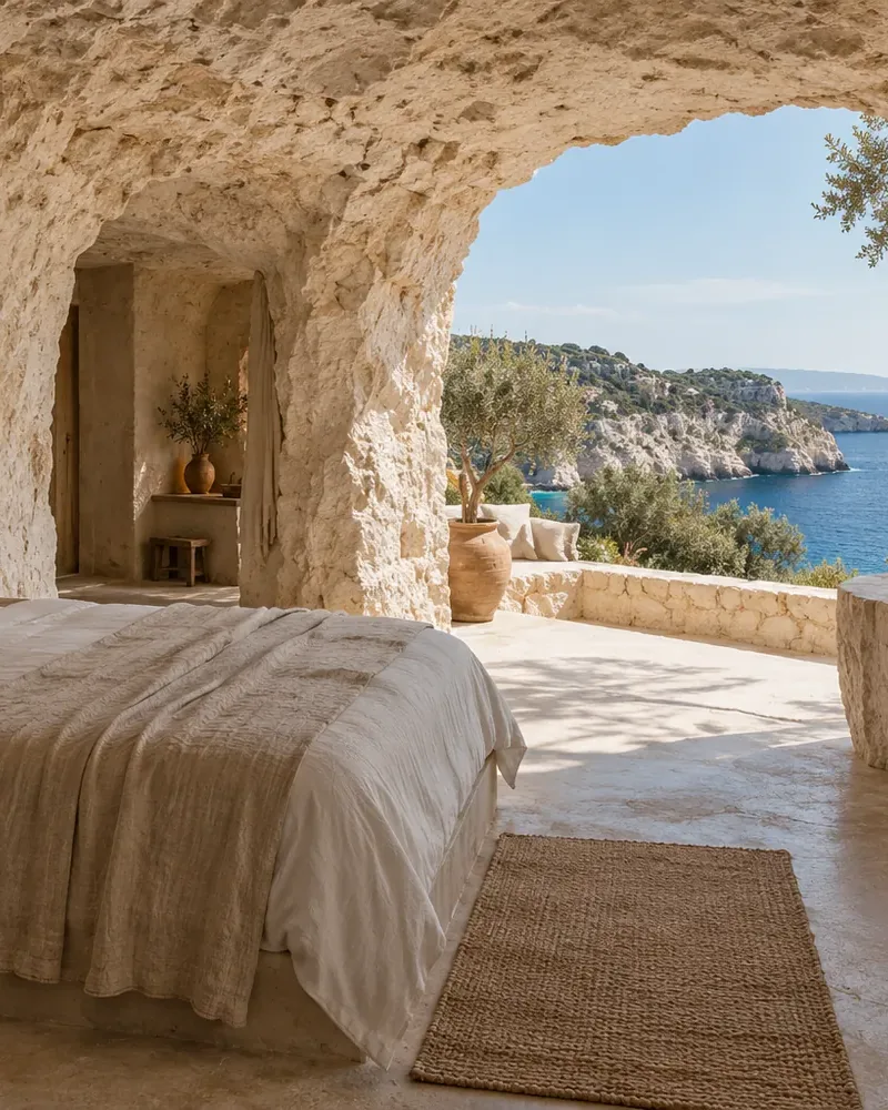 Stone Suite with thick limestone walls and a carved stone bath