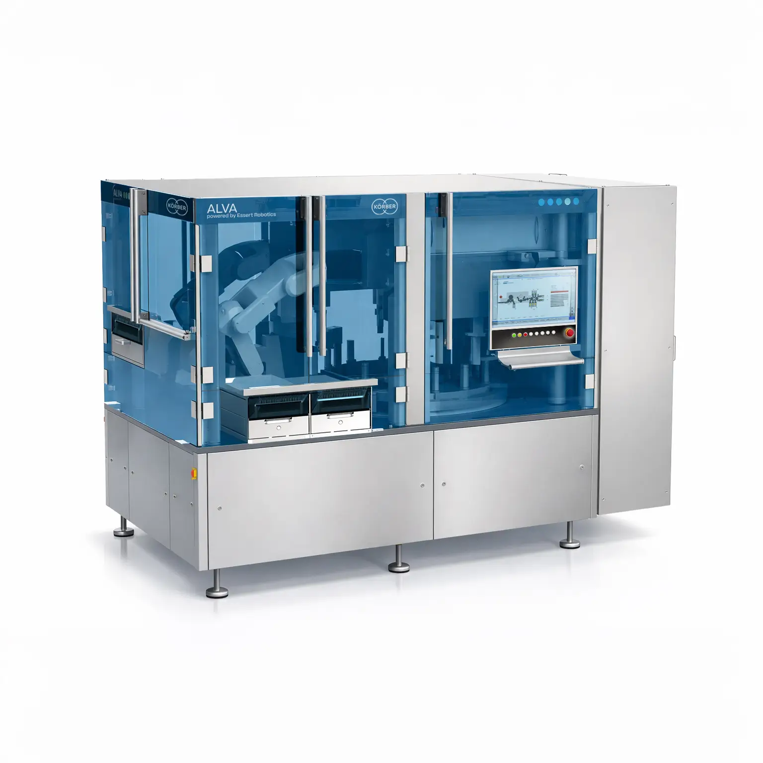 Iso view of the ALVA high-mix/low-volume pharma inspection platform with ESSERT-engineered robotic in- and outfeed
