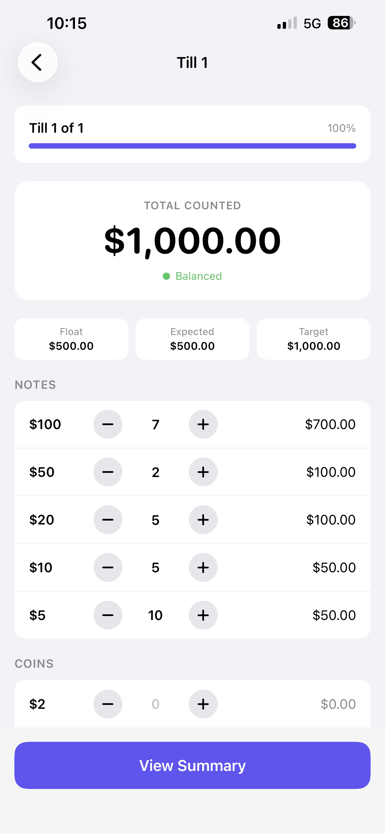 Cash up report with 3 tills including the till float, the til expected, the actual count and the variances between the 3 tills. Below the tills counts is a total physical count that results in a balanced till.