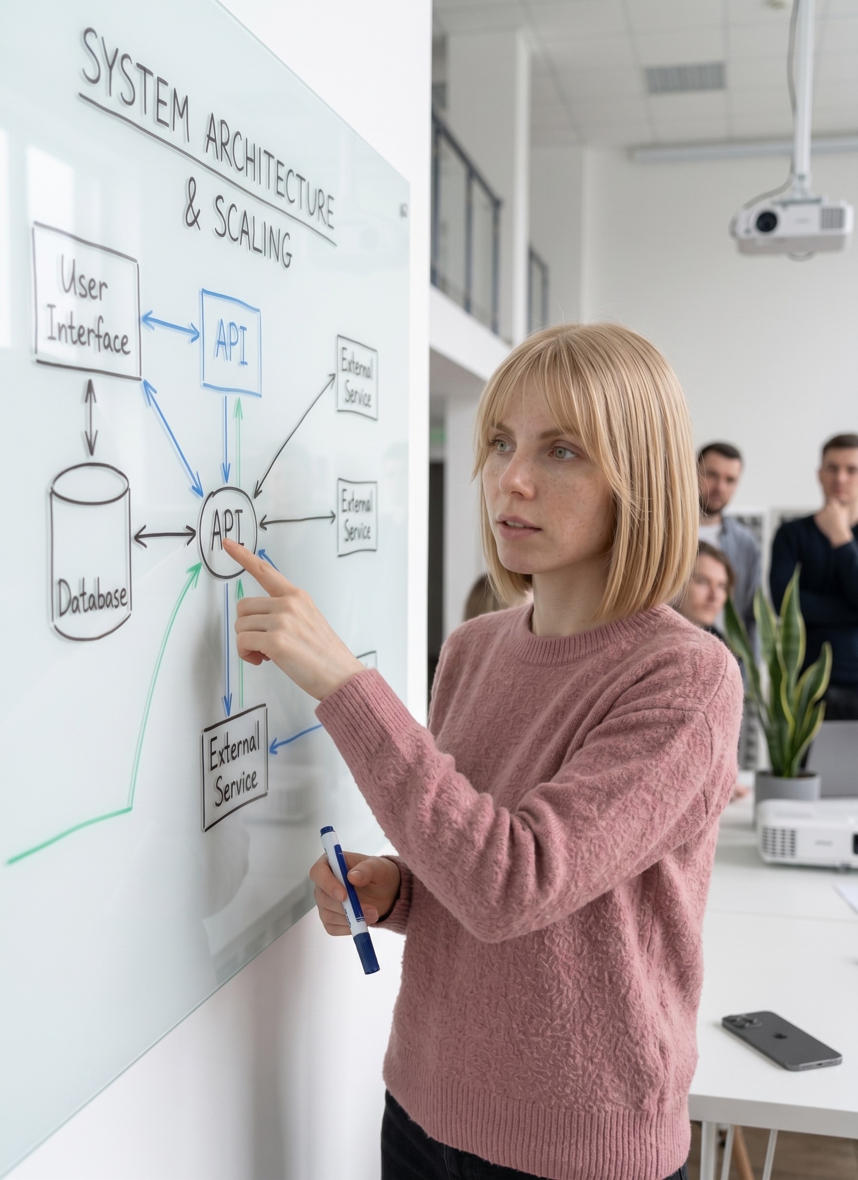 Creator explaining a system diagram on a whiteboard