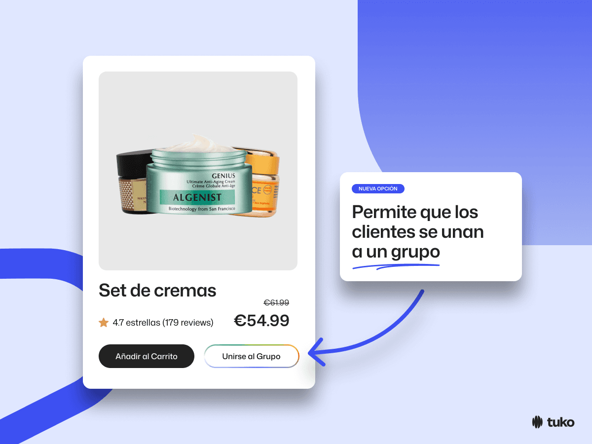 Imagen que muestra cómo funciona Tuko: añade un nuevo botón en los productos de comercio electrónico que dice "Unirse al grupo"