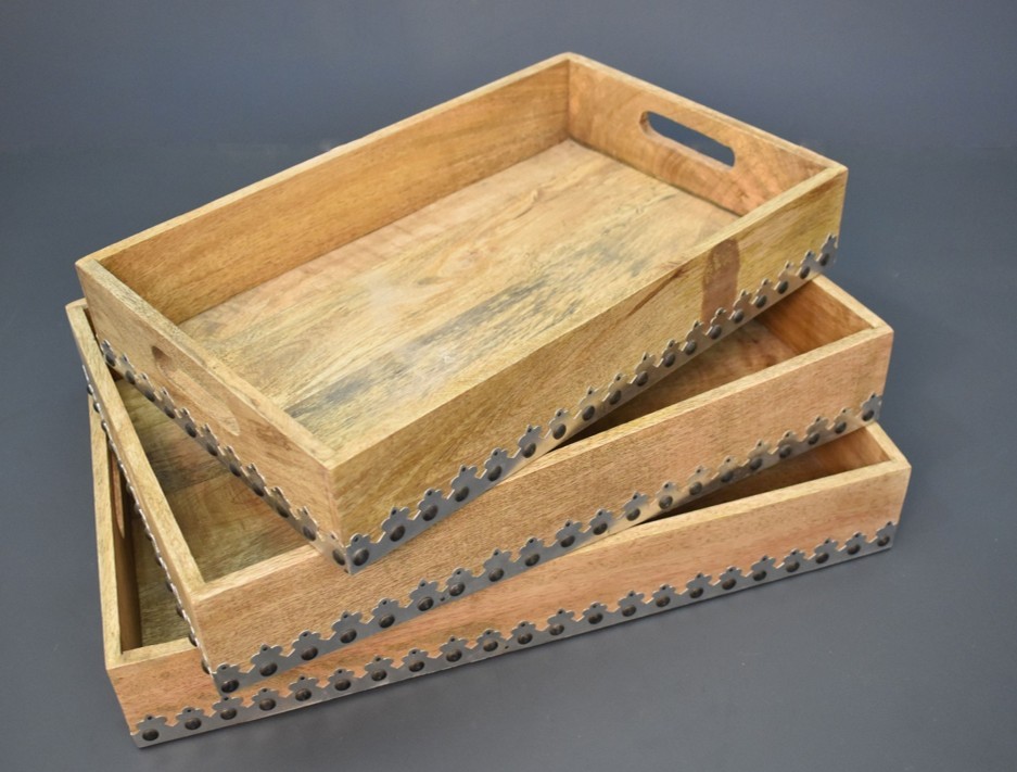 Handcrafted rectangular wooden serving trays set