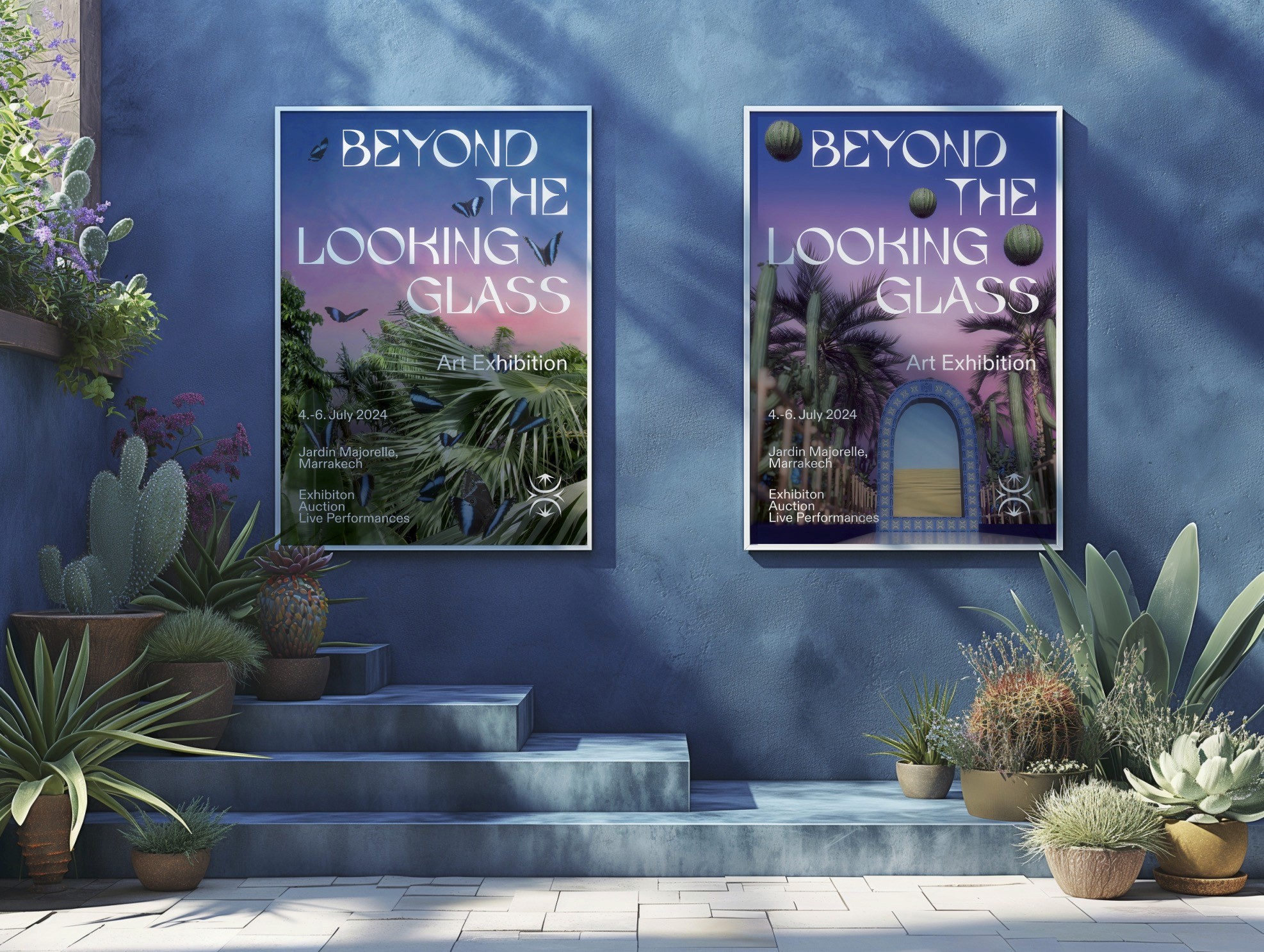 Beyond The Looking Glass exhibition posters — two surrealist art show poster variants with botanical collage, branding for fictional Marrakech exhibition