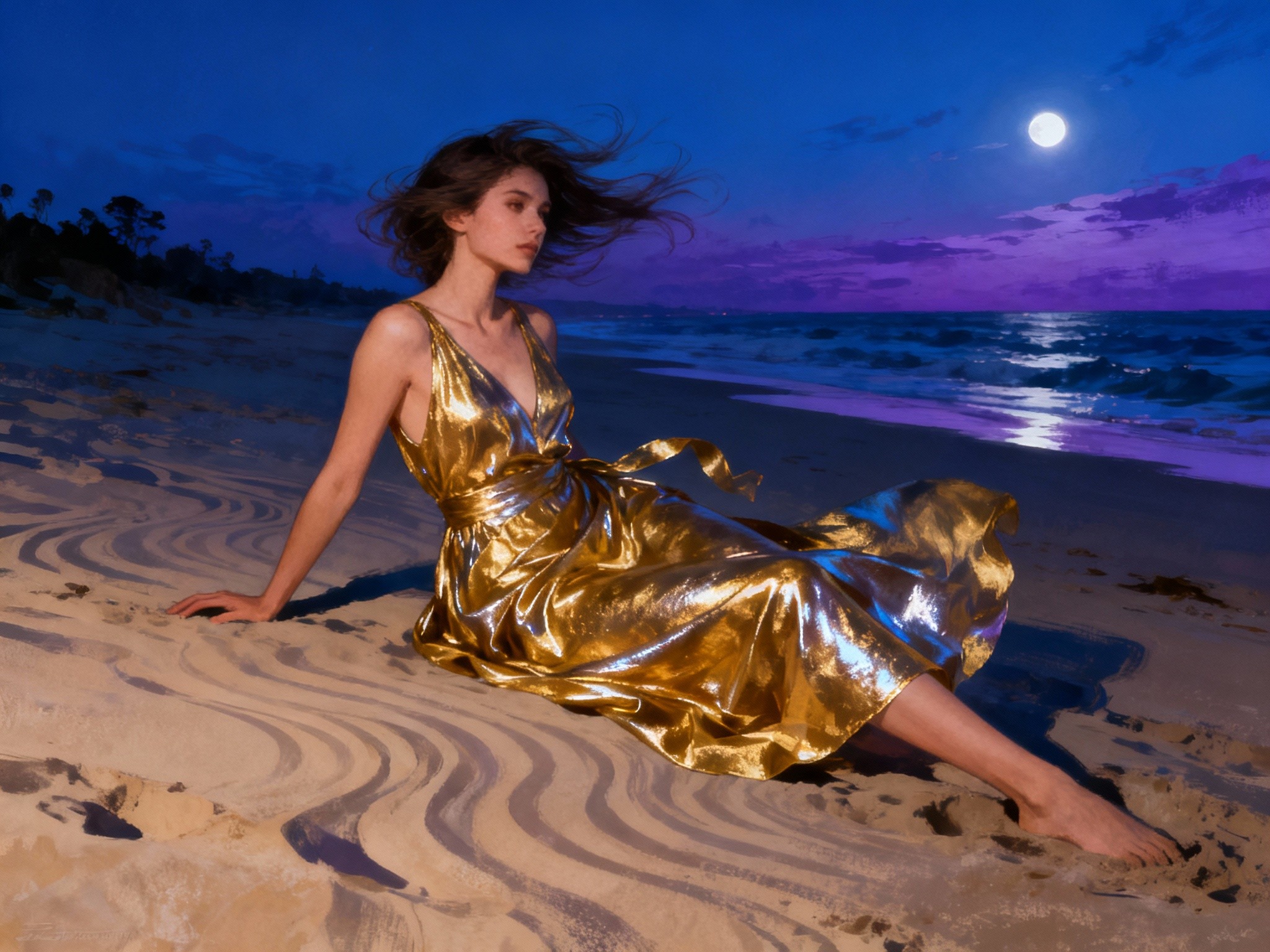 An expansive composition featuring a model in a flowing gold dress poised dramatically on a