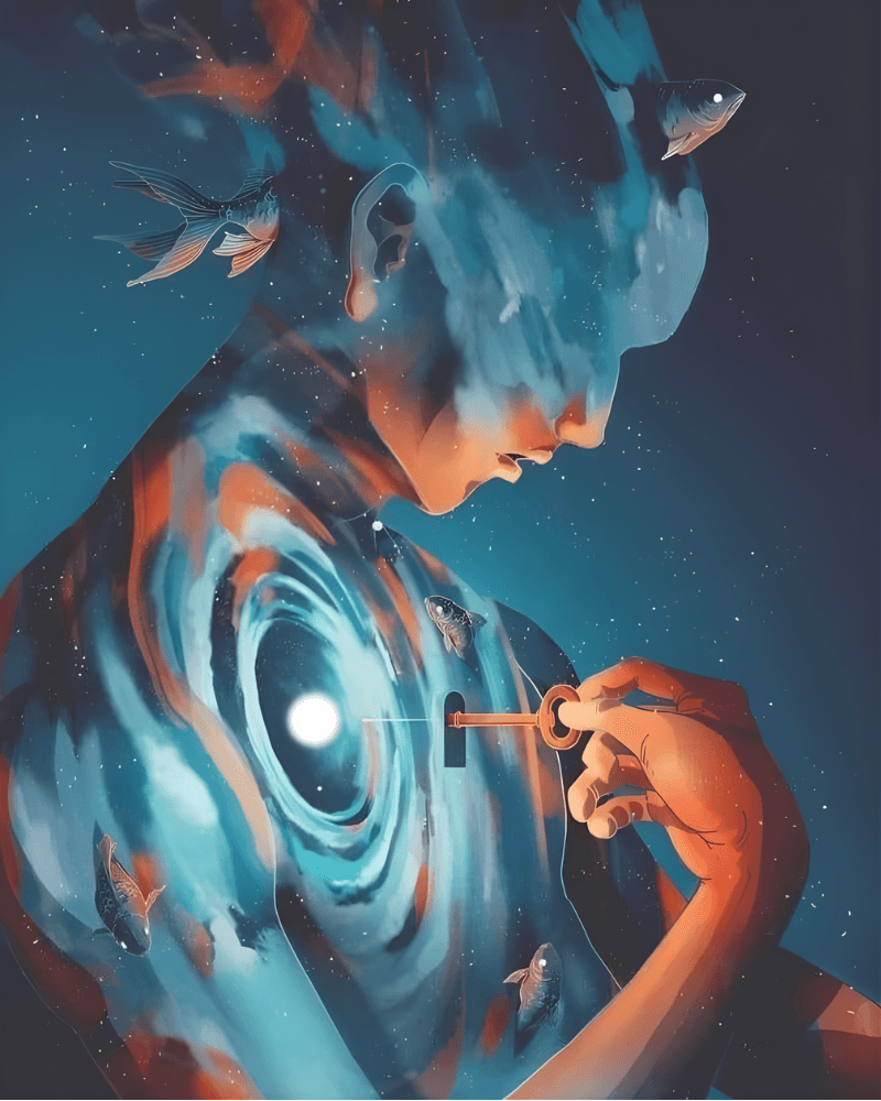 Abstract painting of a person with a blue and orange body and head, symbolizing identity and transformation.