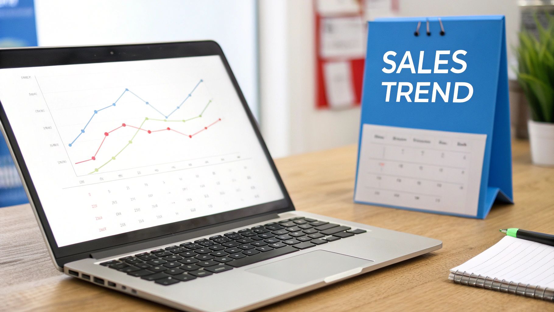 A laptop displaying a multi-line sales trend graph on a wooden desk, next to a 'SALES TREND' calendar.