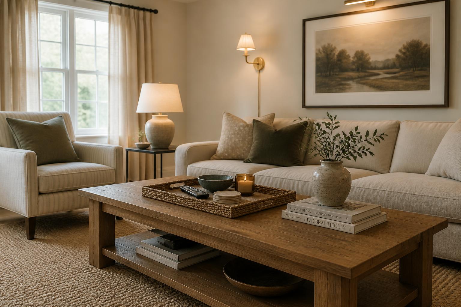 Cozy neutral living room with beige sofa, striped armchair, wooden coffee table, table lamp, wall sconce, framed landscape art, and elegant modern farmhouse decor.