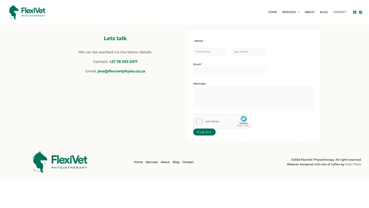 screenshot of flexivet.co.za - contact page