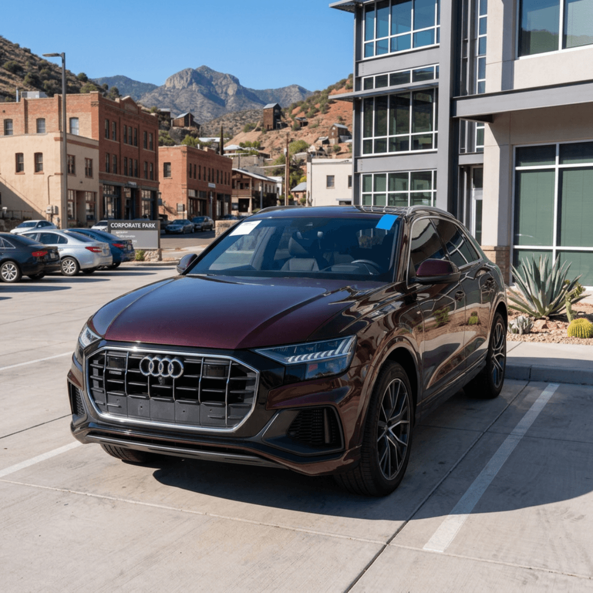 Maroon Audi Q7 featuring a freshly replaced windshield near the desert hills of Bullhead City, AZ