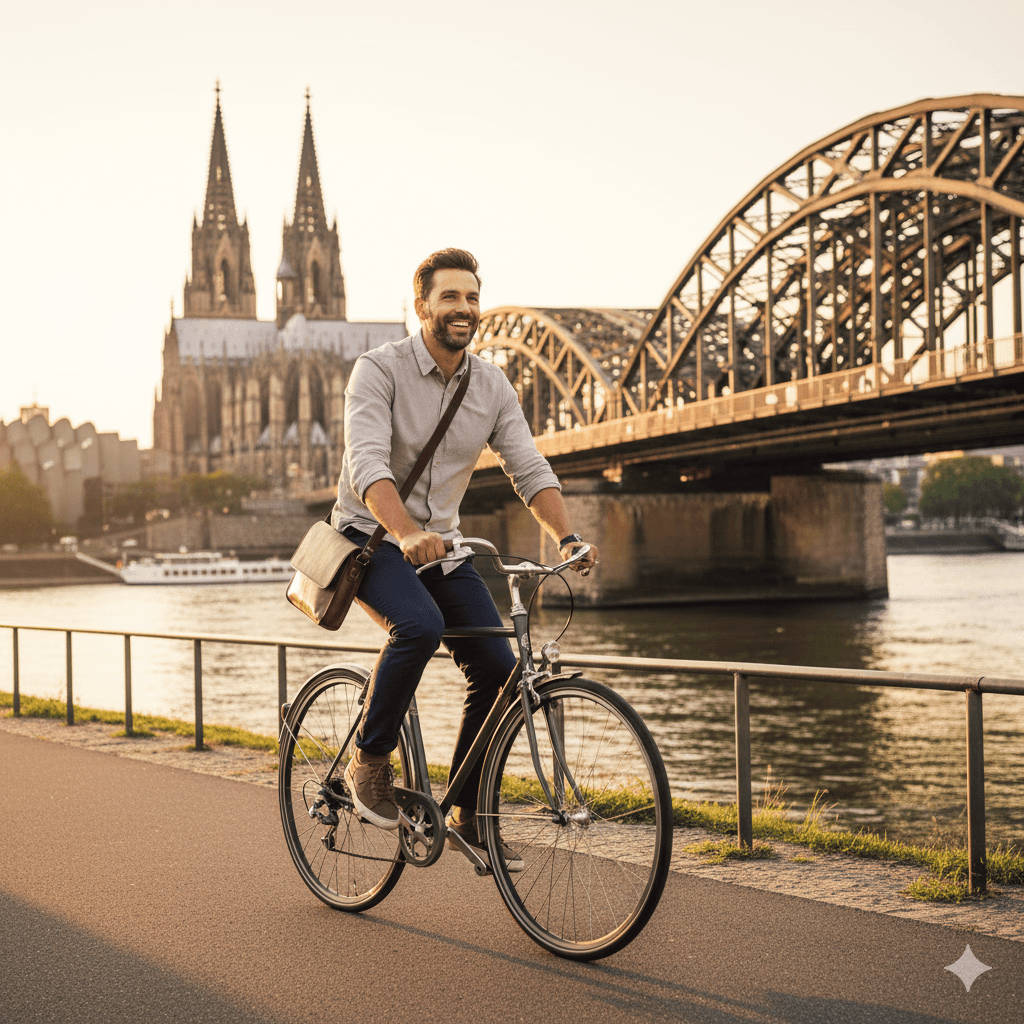 Glücklicher Kapitalanleger von AS Projekte fährt mit dem Fahrrad entlang des Rheins in Köln, im Hintergrund der Kölner Dom und die Hohenzollernbrücke – Symbol für Lebensqualität und erfolgreiche Immobilieninvestition.