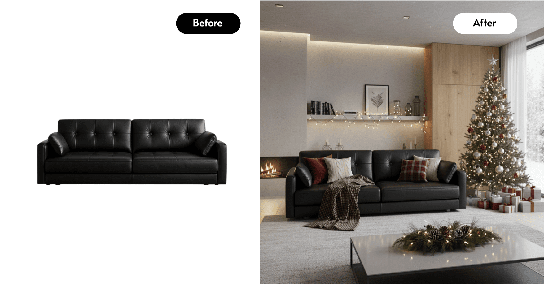before and after image on caspa AI, lifestyle photo of a black leather sofa during the festive season